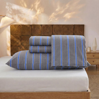 100% Cotton Sheet Set Queen Size - Blue and Gray Striped Bedding, Soft Breathable Percale Weave, Deep Pocket Fitted Sheet 17.5", Luxury & Silky Soft Sheet Set for All Seasons