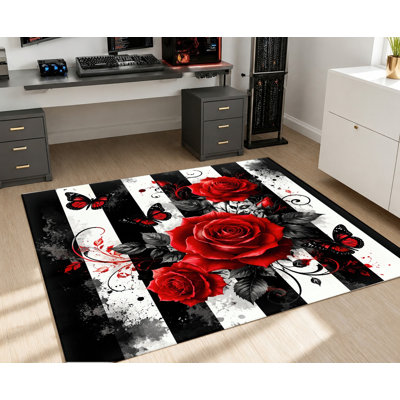 Tapis floral floral rose, motif rayé noir et blanc, tapis antidérapant, décoration intérieure pour salon, chambre à coucher, cuisine, balcon, appartement