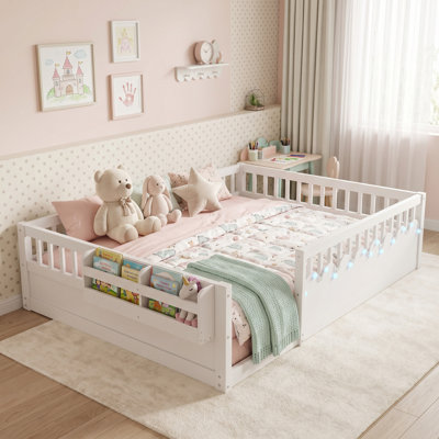 Structure de lit double Montessori avec rails hauts, lit en bois pour enfants avec éclairage à DEL et tablette de rangement