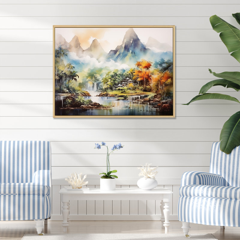 Paysage de montagne indonésien - Art mural Indonésie, Cadre flottant brun, H 30 po x l 40 po x P 1,5 po