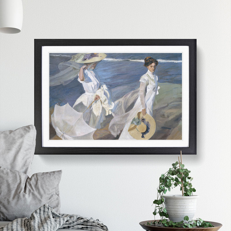 Women Walking on the Beach by Joaquin Sorolla Y Bastida - Picture Frame Painting, 36cm H x 48cm W x 2cm D, Black Framed