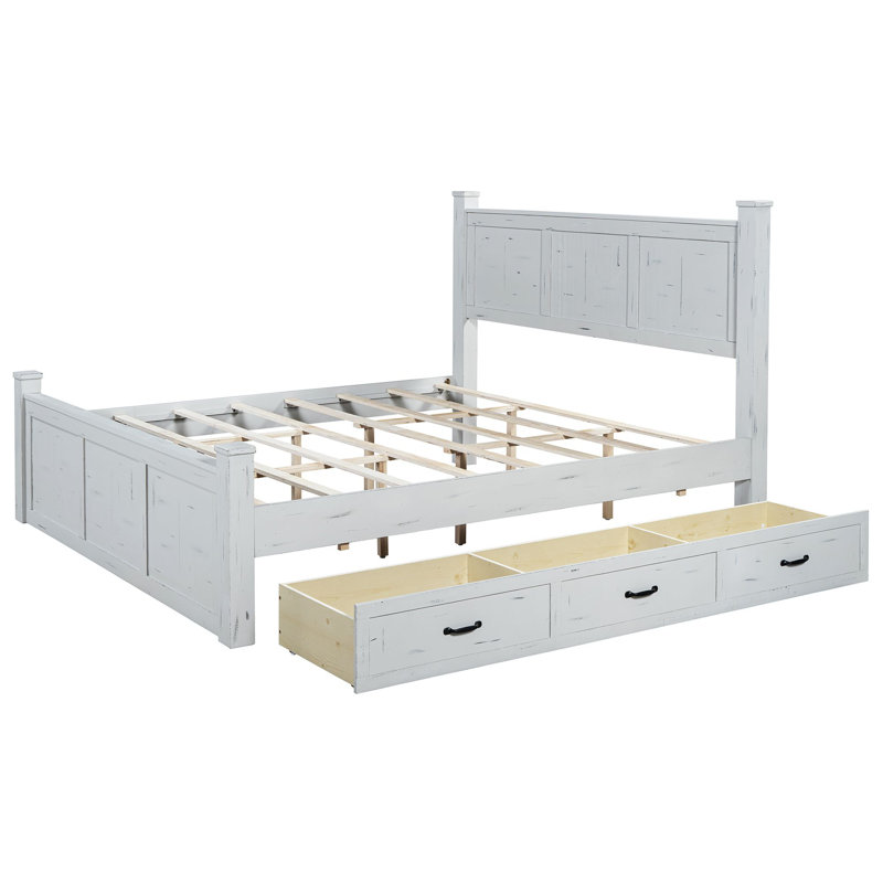 Structure de lit plateforme en bois moyen vieilli avec 3 tiroirs de rangement, peintures laquées faites à la main, Très grand