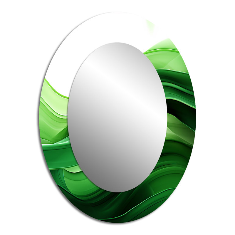 Vert et blanc fractal vagues I - miroir mural ovale vert, 40 po x 30 po