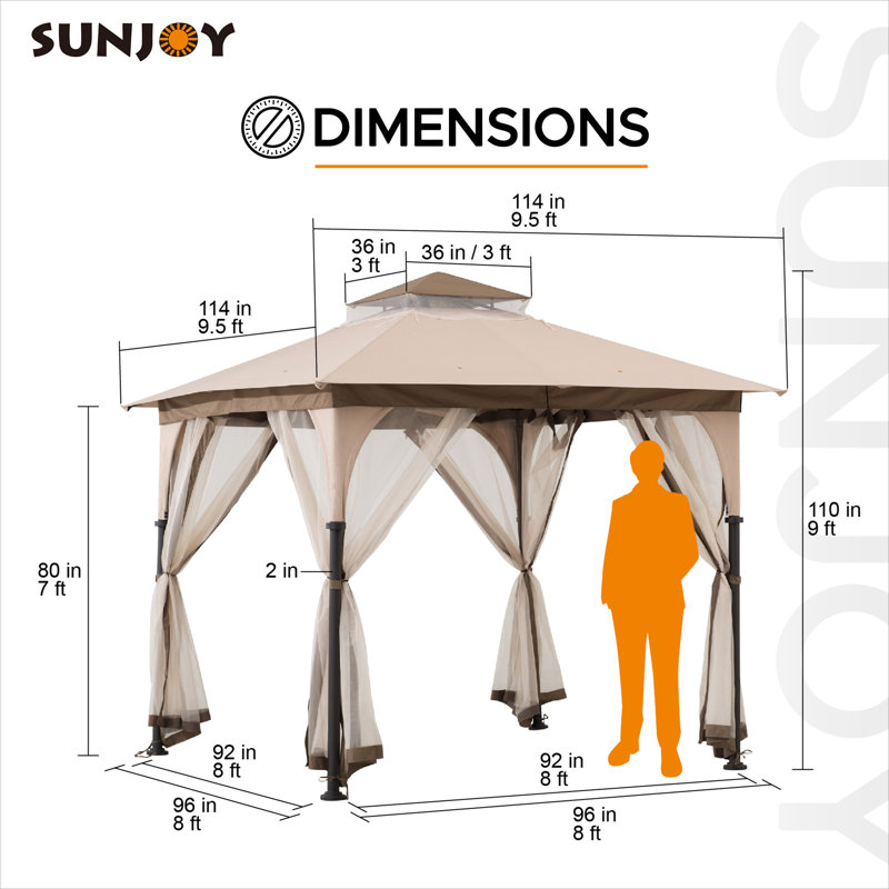 Sunjoy Outdoor Patio 9.5x9.5 Tan 2-Tier Steel Backyard Soft Top Gazebo with Ceiling Hook and Netting, Brown