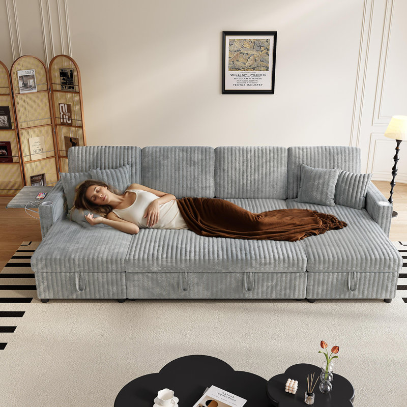 Canapé-lit modulaire en velours côtelé de 110 po en U avec lit escamotable, rangement et ports USB, Velours côtelé gris
