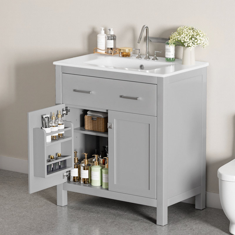 Meuble-lavabo moderne 30 po avec lavabo en céramique, portes à fermeture en douceur, tiroir escamotable et tablette réglable