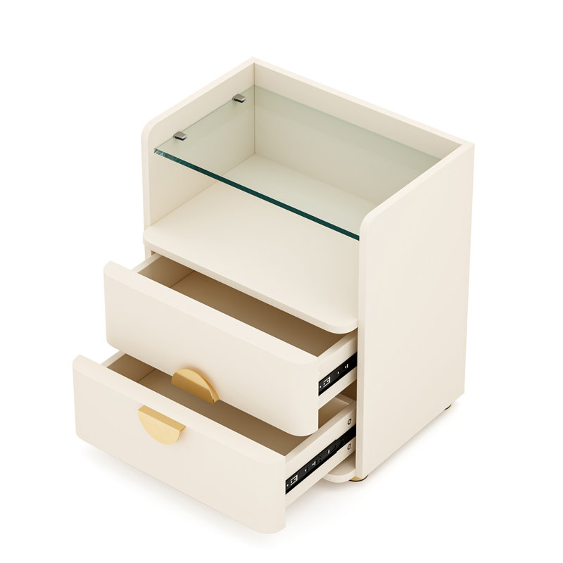 Table de chevet moderne 19,68 po à 2 tiroirs avec plateau en verre trempé et tablette ouverte - Table de chevet en bois avec pieds en métal doré