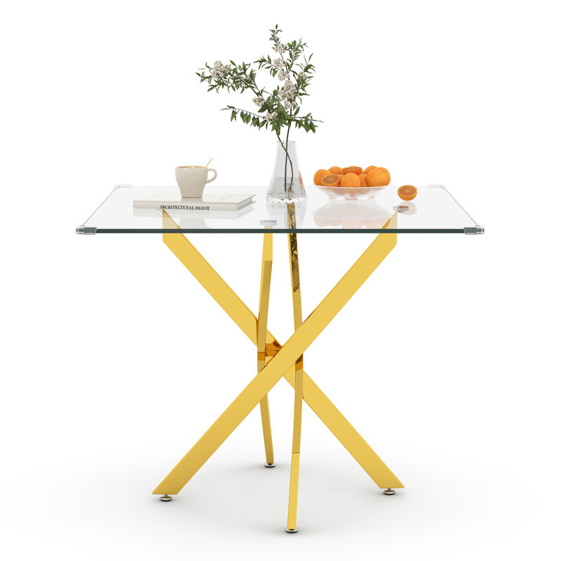 Glass Top Metal Base Dining Table, Gold