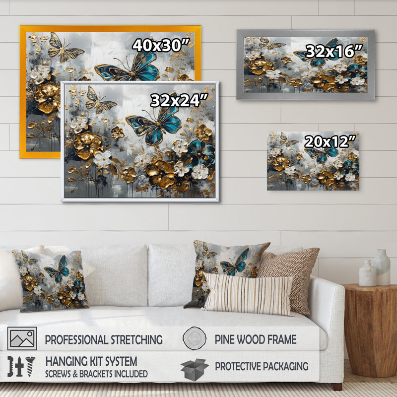 Ryllan, ailes de papillon bleu doré et fleurs V - impressions florales encadrées, H 16 po x l 32 po x P 1 po