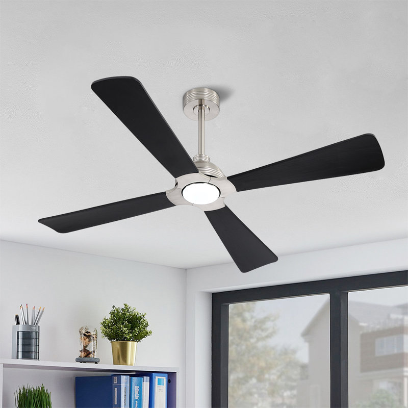 56 po Ventilateur de plafond 4 pales en bois massif avec ensemble d'éclairage et télécommande, Nickel, Noir