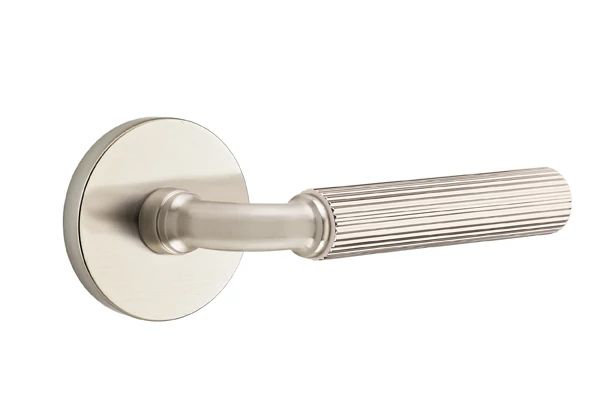 Mortaise intérieure Emtek Select avec rosette à disque et tige R-Bar, levier droit moleté, Oui, Nickel satiné
