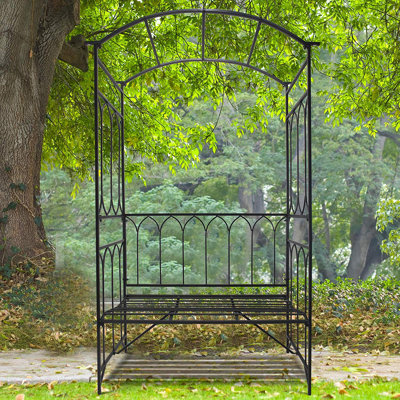 Outsunny Metal Trellis Arbour Arch for Climbing Plants with Garden Bench, Grow Grapes & Vines, Patio Decor & 2-Person Outdoor Steel Decorative Seating, 484 lbs. Weight Capacity, Black