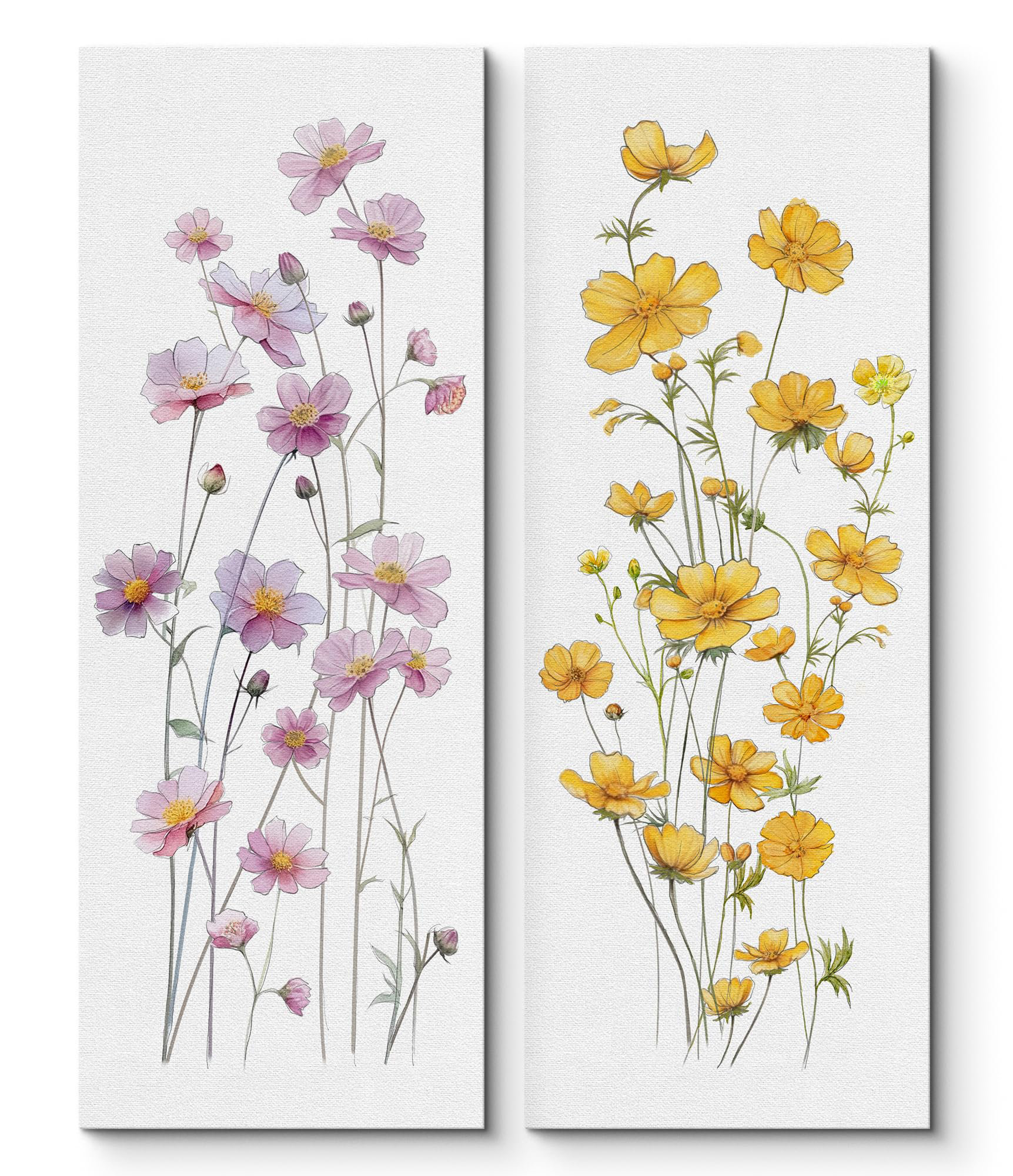 IDEA4WALL Yellow Pink Wildflowers Floral Botanical Illustrations Modern ...