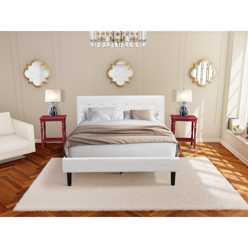 3 Piece Bedroom Set - Button Tufted Platform Bed - Linen white Velvet Fabric Upholstered Headboard and a Burgundy Finish Nightstand
