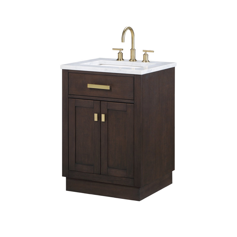 Chestnut 24" Carrara Marble Countertop Bath Vanity with Faucet, Brown Oak / Satin Gold, No