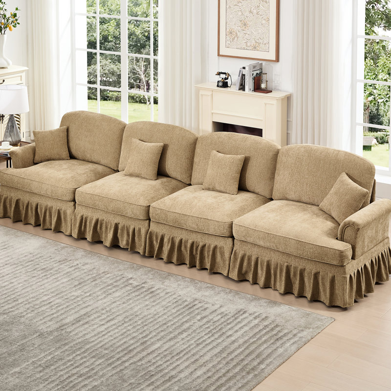 Comfy 4 places avec accoudoirs évasés en forme de pétale, dossier segmenté et tissu de café en chenille, coussin décoratif