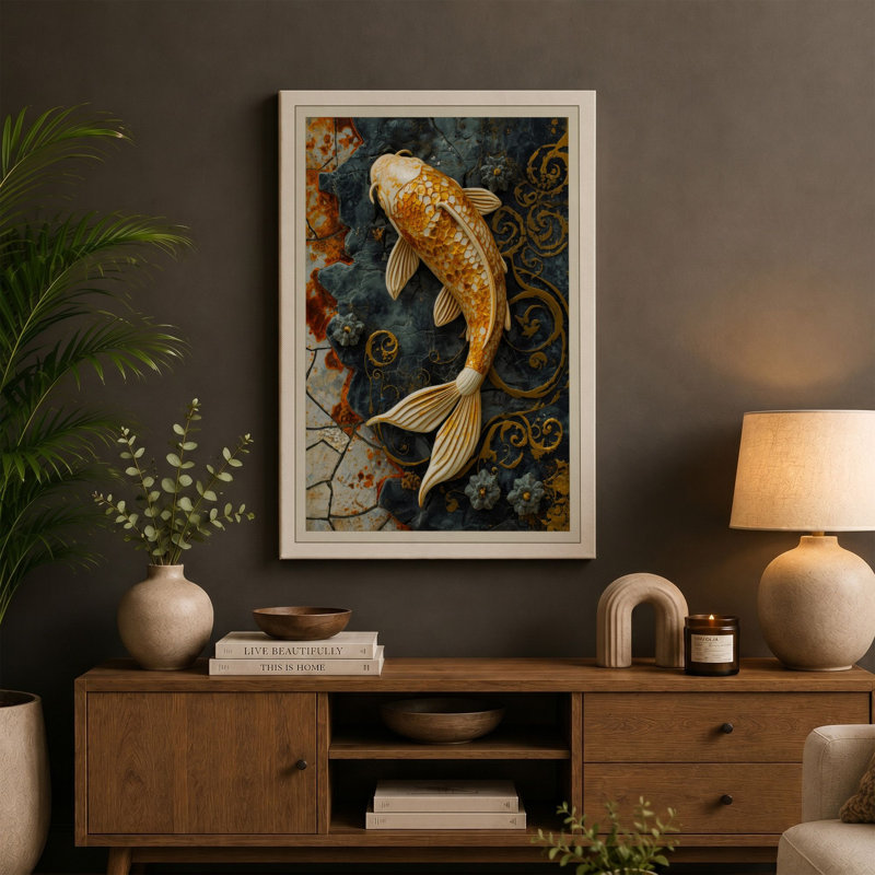 Golden Koi in Patterns Japandi - Wrapped Canvas, 24x16 - 61.0 x 40.6 cm, Terracotta Border