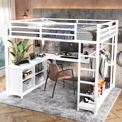 Lit mezzanine en métal avec garde-robe et bureau en L, lit mezzanine grand avec cubes de rangement et tablettes, lit mezzanine pour enfants, adolescents, adultes, blanc