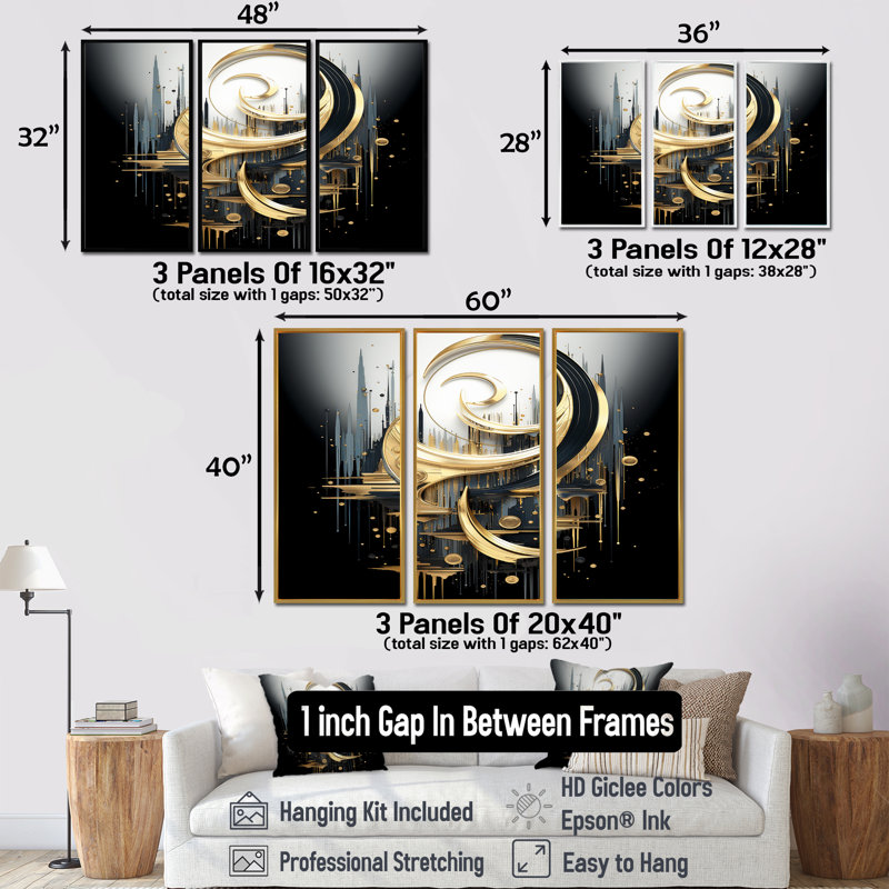 Ensemble de salon Golden Crescent Moon - Abstract Spirals, Cadre flottant doré, H 28 po x l 36 po x P 1 po