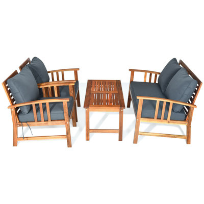 Ensemble de conversation en bois 4 pièces avec canapé et coussins