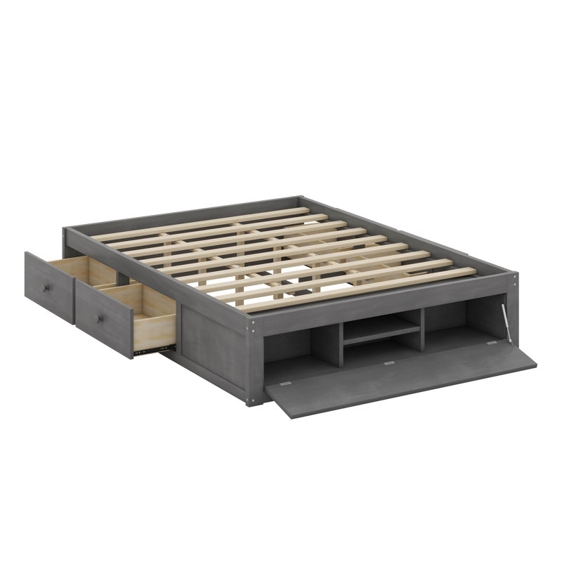 Queen Size Platform Bed Frame With 4 Storage Drawers And Hydraulic Lift Footboard Storage, No Headboard, Antique Gray