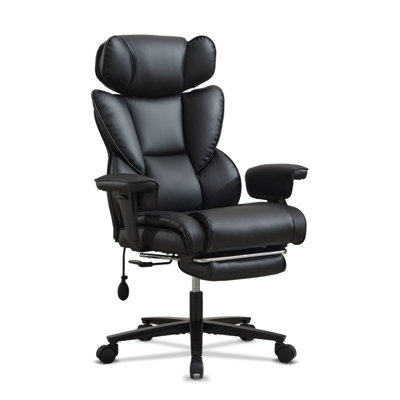 Chaise de bureau avec repose-pieds et support de bois à la taille, chaise de jeu ergonomique avec appui-tête à hauteur réglable, fauteuil inclinable en cuir à haut dossier pour la maison, noir