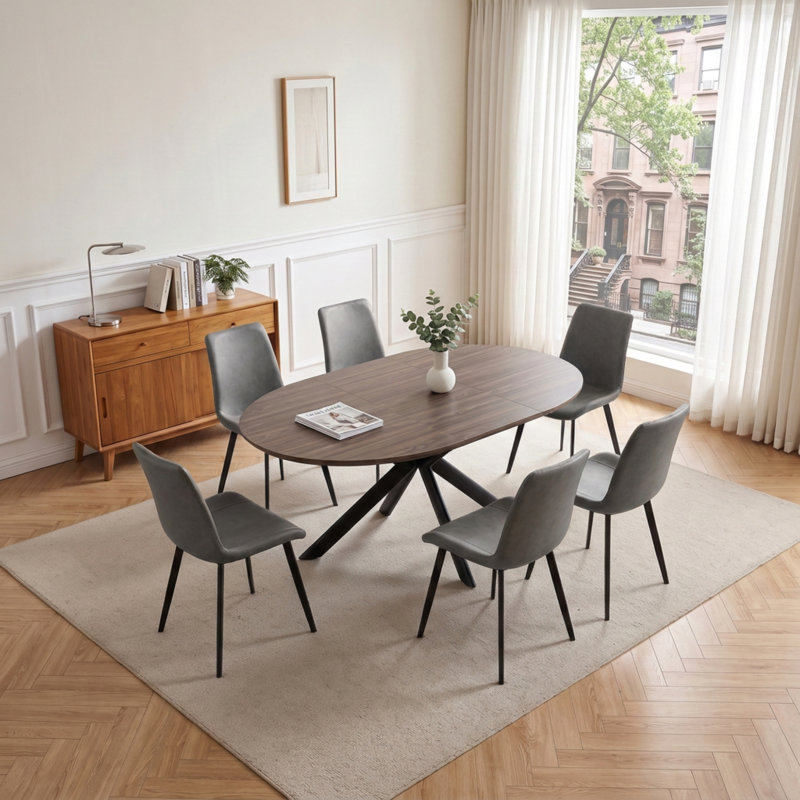 Ensemble de table de salle à manger ovale 7 pièces avec 6 chaises assorties pour la salle à manger, Gris