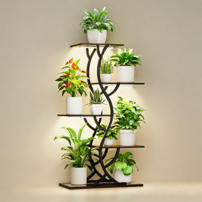 5-Tier Corner Plant Stand With Grow Lights, Full Spectrum Timer Light Shelf For Indoor Plants, Curved Design Display Rack