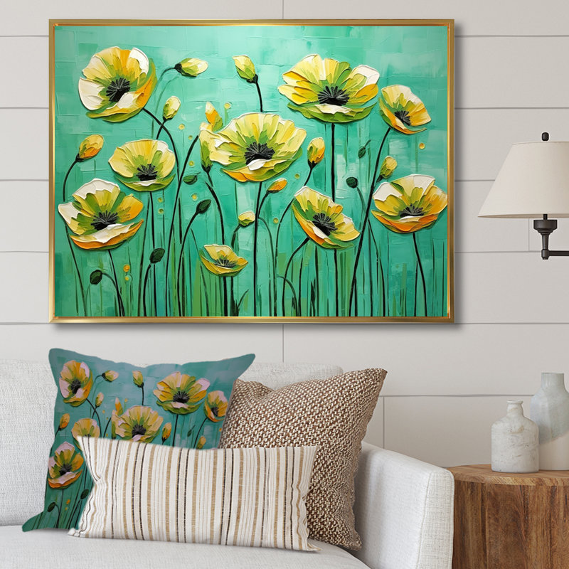 Émeraude élégance coquelicots dans la brise, H 30 po x l 40 po x P 1,5 po, Cadre flottant doré