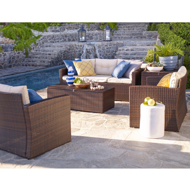 Arlington Wicker 5 - Person Seating Group with Cushions, Dark Brown Frame/Beige Cushion