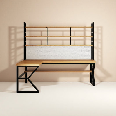 Modern Minimalist L - Shaped Solid Wood Desk with Integrated Bookshelf