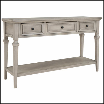 Console de style rétro classique avec trois tiroirs supérieurs et une tablette inférieure ouverte, facile à assembler (gris délavé)