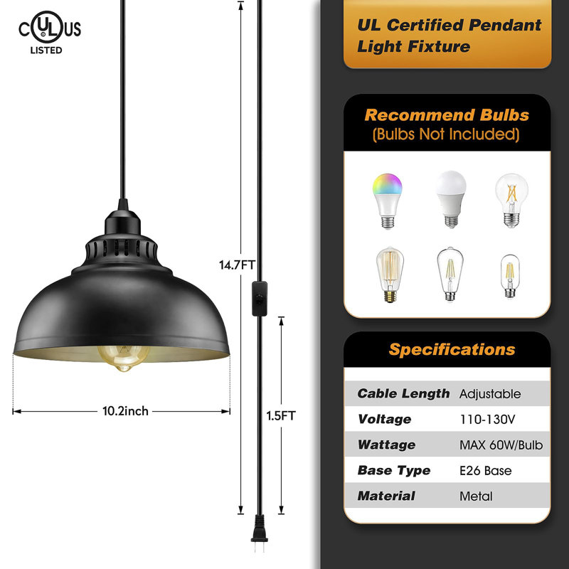 Luminaire suspendu à brancher, lumières suspendues 15 pi avec cordon d'alimentation, interrupteur marche / arrêt, Noir