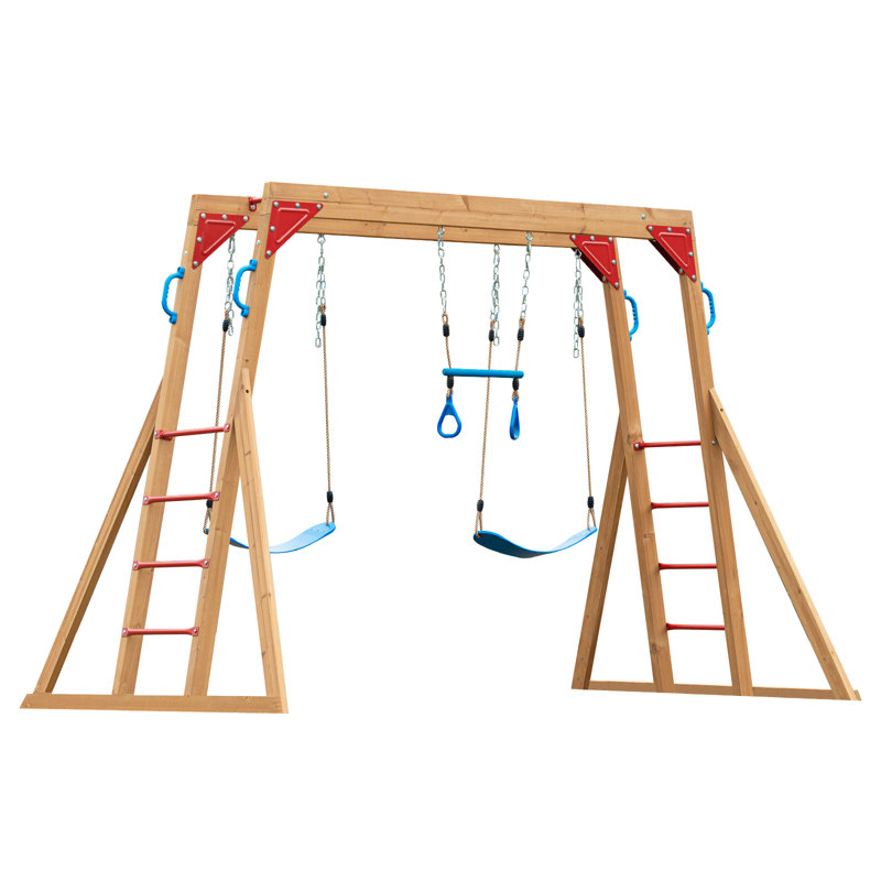Dolphin Playground Wooden Outdoor Swing Set With 2 Belt Swings, Gym Rings, And Climbing Ladder For Kids