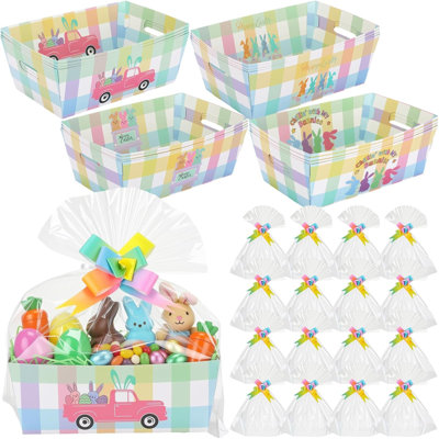 Ensemble de 16 paniers de cadeaux vides de Pâques en vrac pour les cadeaux avec des paniers en cellophane et des rubans de 9,84 po x 6,5 po