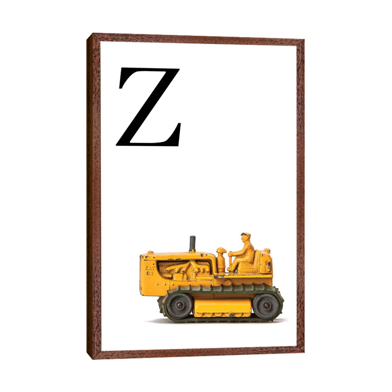 Z Bulldozer Yellow White Letter - Print on Canvas, 101.6 cm H x 66.04 cm W, Classic Brown Wood Framed