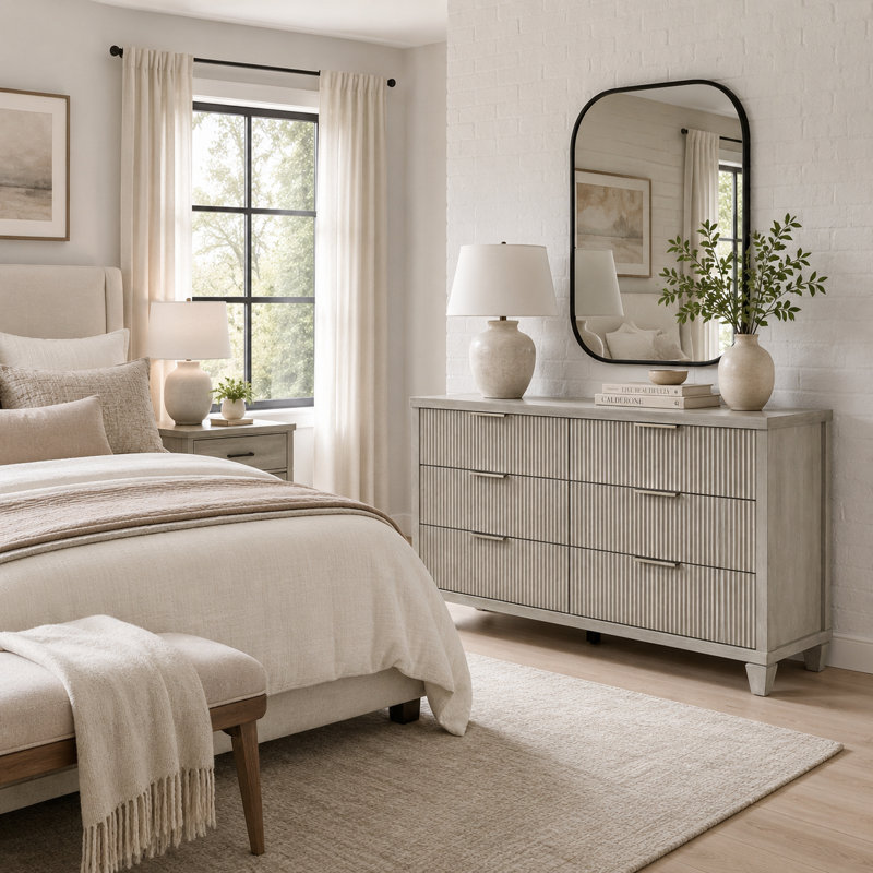 Aurelin Mid-Century Modern 54.8"W 6 Drawer Dresser, Anti White