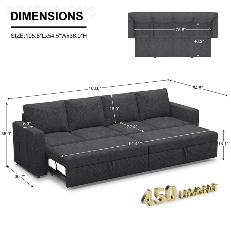 Canapé-lit modulaire en velours chenille 4 places, Chenille gris foncé