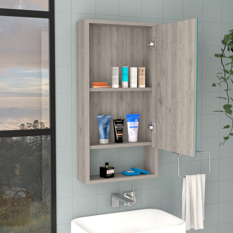 Armoire à pharmacie à porte simple H 35 po, deux tablettes intérieures, une tablette extérieure, Gris
