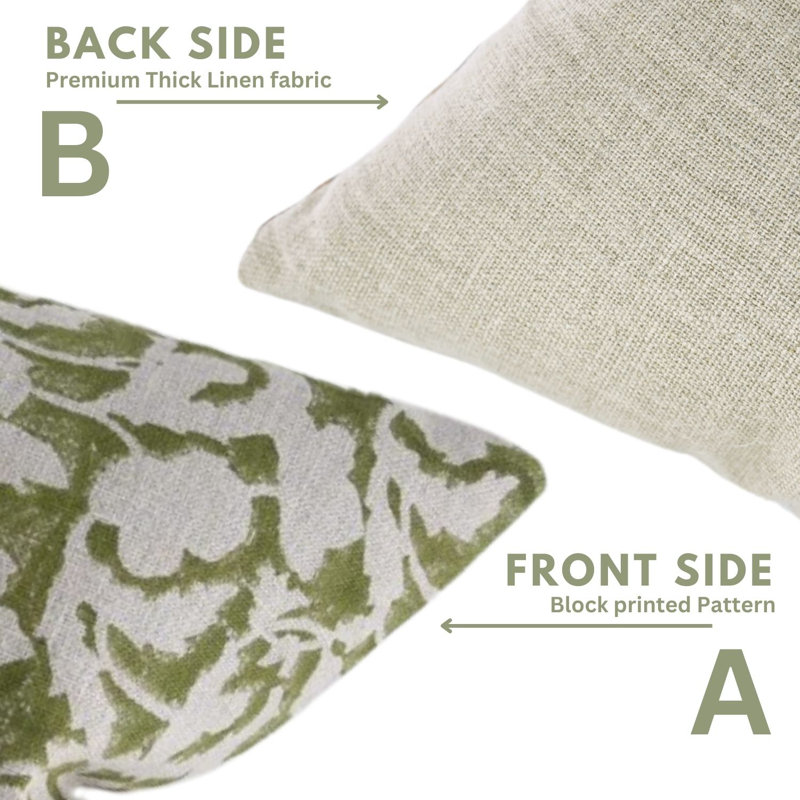 Block Print Throw Pillow Cover, 30 Inch Thick Linen Decorative Cushion Cover, White/Green, 26" x 26"