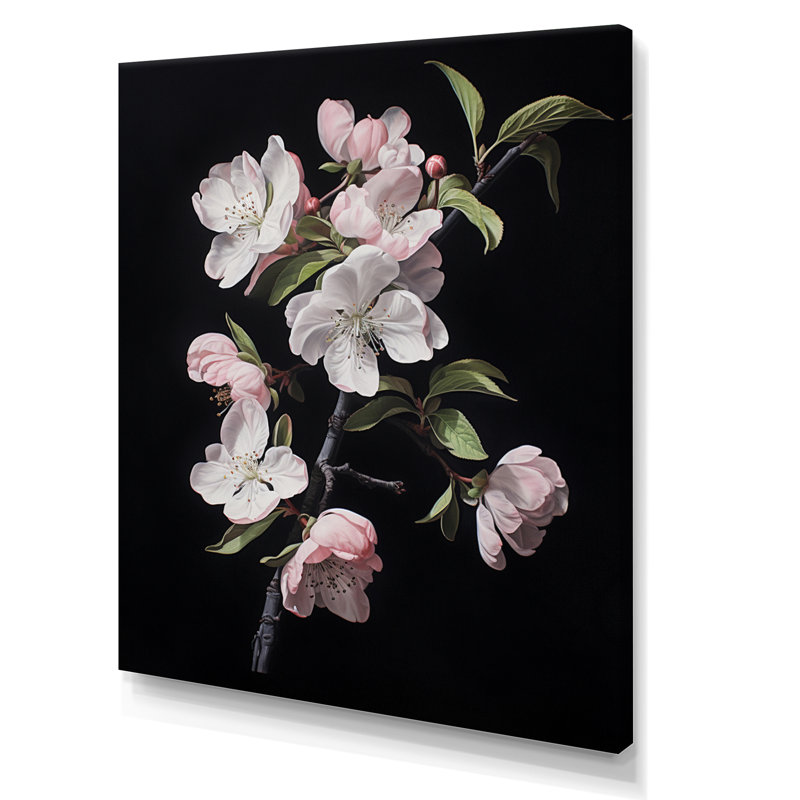 Fleur de pommier monochromatique élégance XXIII - Art mural sur toile florale, H 32 po x l 16 po x P 2 po, Toile tendue
