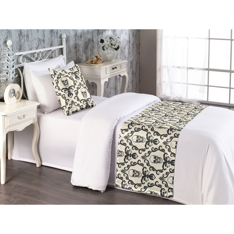 Ambesonne Gothic Bed Runner Set Retro Damask Pattern Witchy  Charcoal Grey Eggshell, Twin