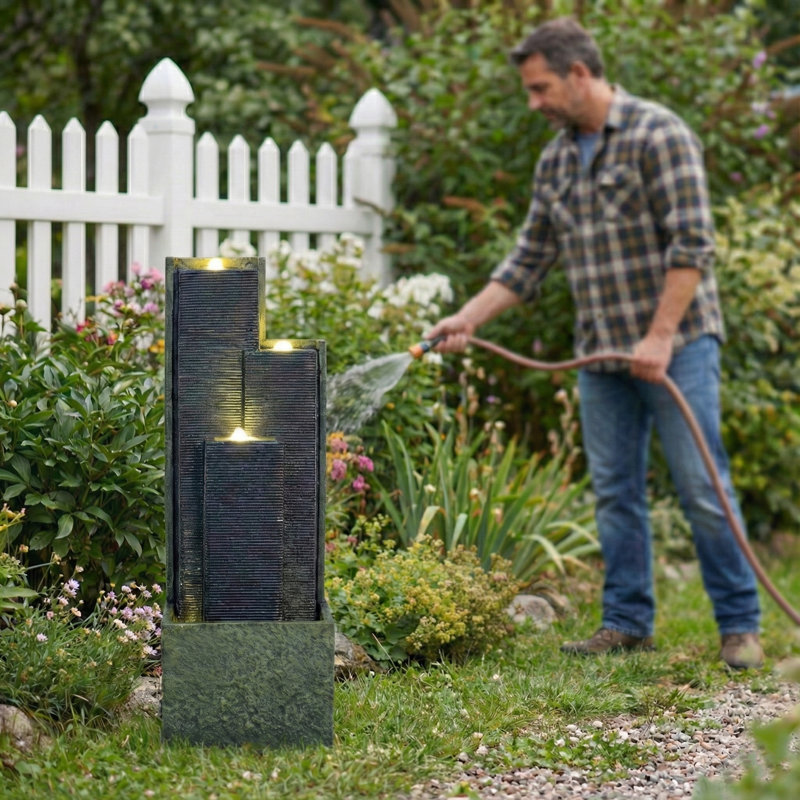 Modern Cascading Freestanding Outdoor Water Fountain With LED Lights For Garden And Patio Decor