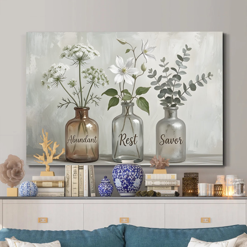 Décoration murale traditionnelle sur toile « Repos et plaisir abondants » avec vases étiquetés, 61 x 91 cm (24 x 36 pouces), impression sur châssis, style ferme aux tons chauds, idéale pour la cuisine, la salle à manger et le couloir d'un chalet.