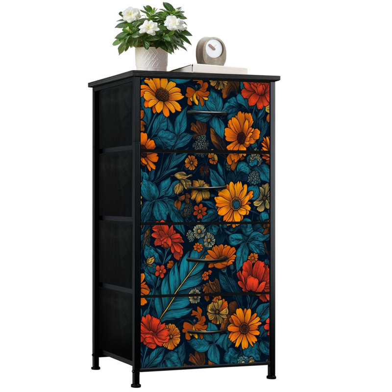 Commode pour chambre à coucher avec 4 tiroirs de rangement Tournesols à fleurs rétro Fleurs bleues Commode foncé Commode en tissu avec cadre en acier pour chambre d'enfant