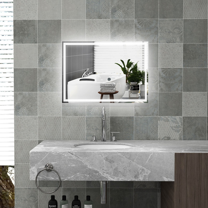 HOMCOM Dimmable Bathroom Mirror With LED Lights, 3 Colors & Defogging, 27.64" x 19.89"