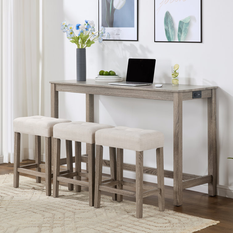 Teneile 59" Wide 3 - Preson Transitional Bar Table Set with Upholstered Tufted Stools and USB Ports