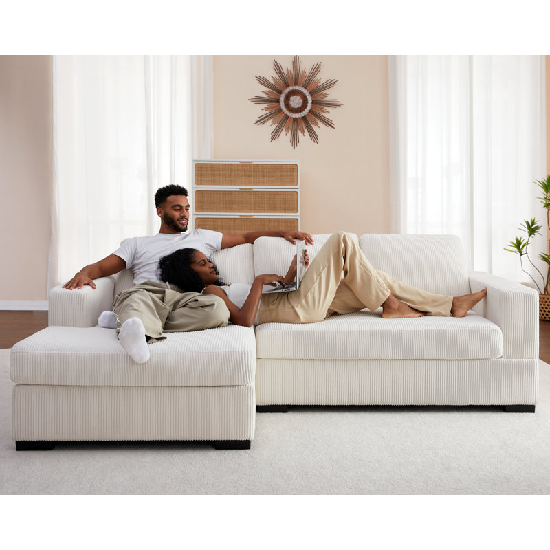 Oversized White Corduroy Three-Piece Sleeper Sectional Sofa