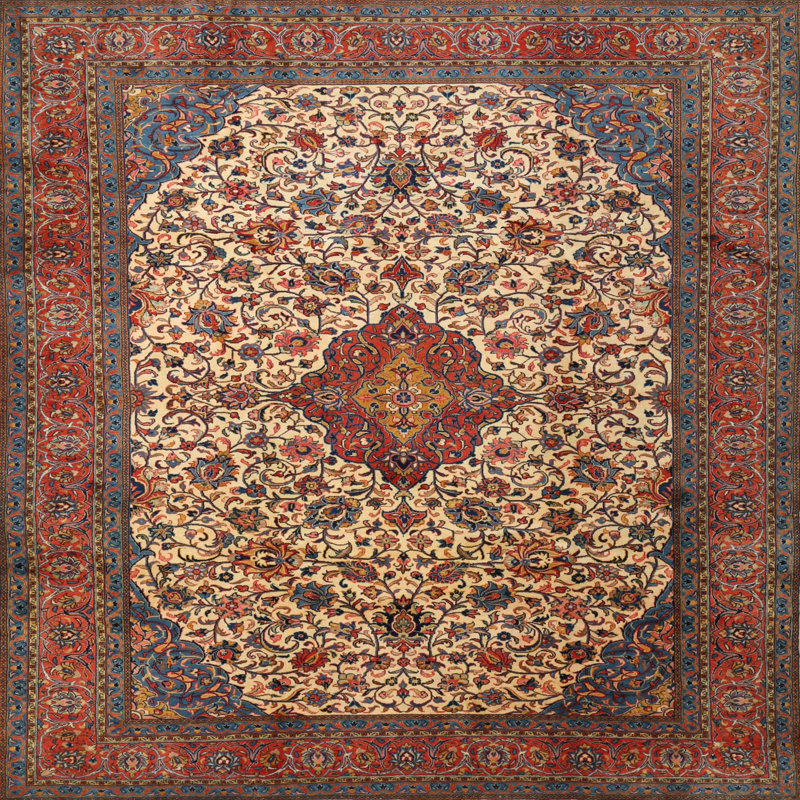 Tapis rouge/crème/bleu traditionnel Cimarron, Rond 6 pi