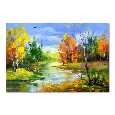 " Autumn Landscape With River Under A Blue Sky " Painting Print
